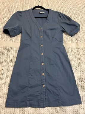 Vero Moda Puff Sleeve Button-Front Denim Blue Mini Dress Size M/L